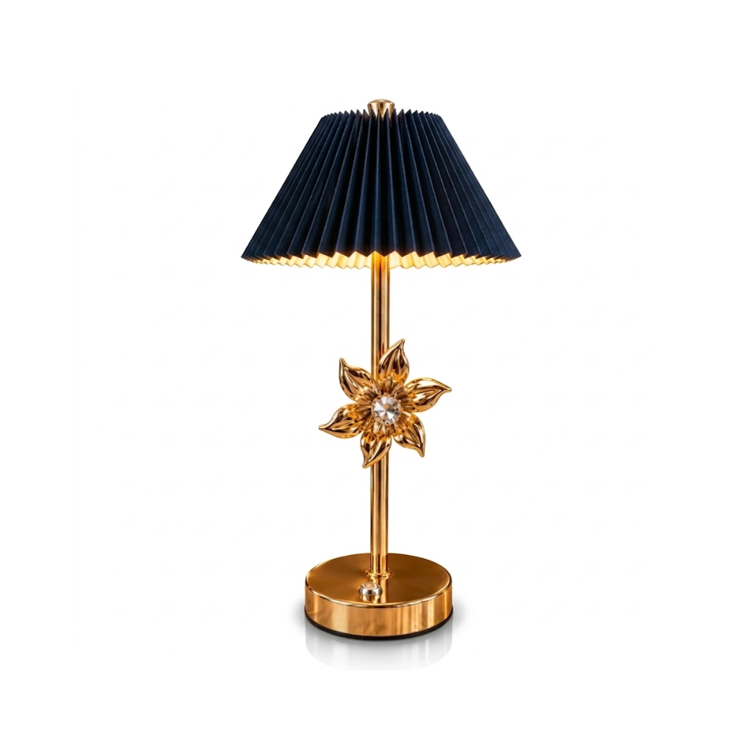 LED Table Lamp – Navy Pleated Shade with Golden Flower