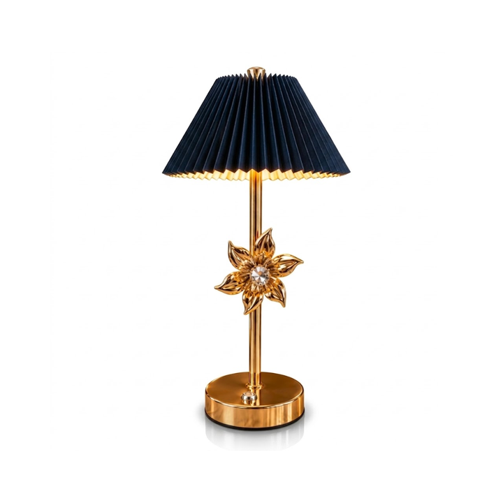 LED Table Lamp – Navy Pleated Shade with Golden Flower