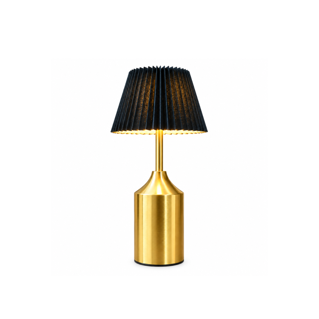 LED Table Lamp – Black Pleated Shade with Gold Base