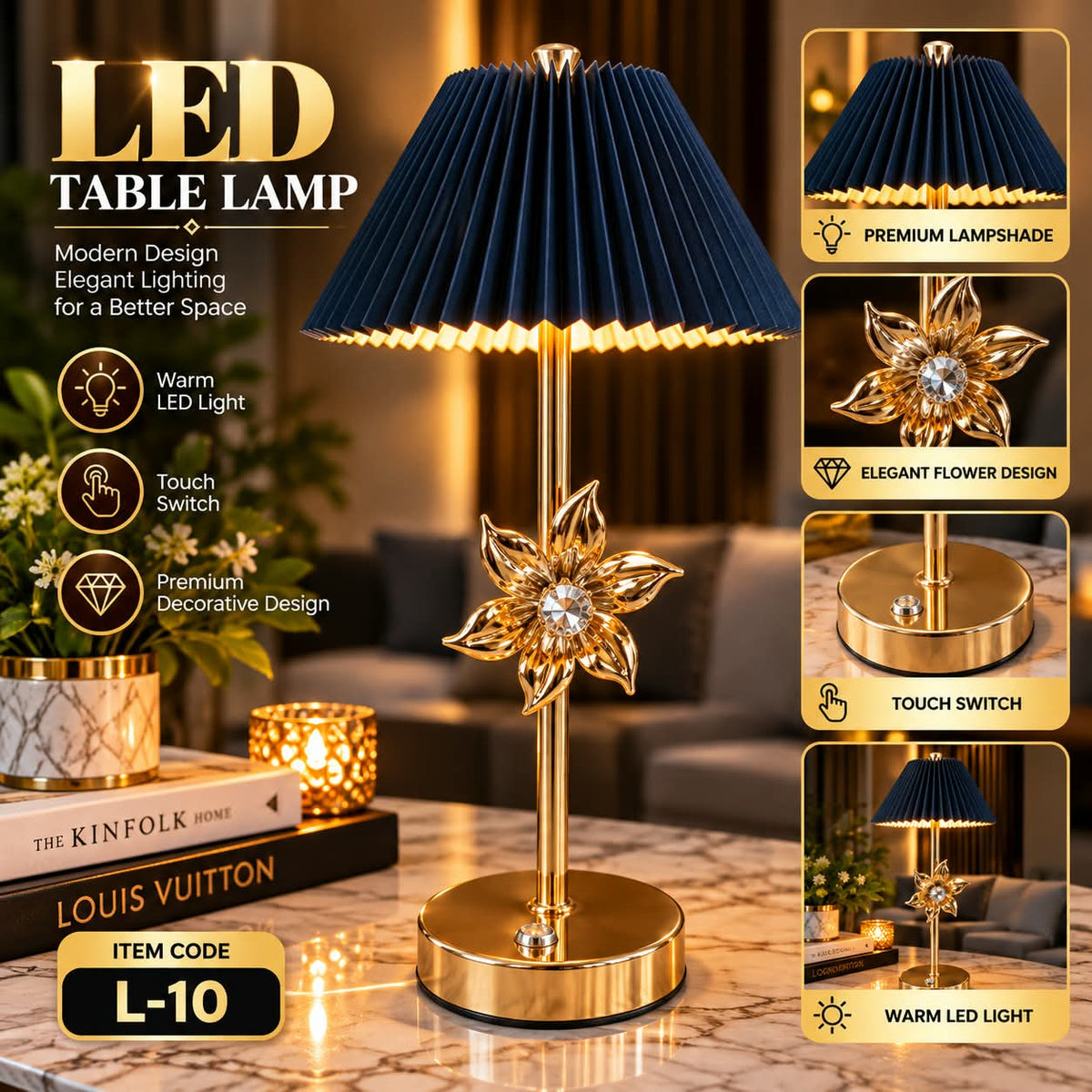 LED Table Lamp – Navy Pleated Shade with Golden Flower