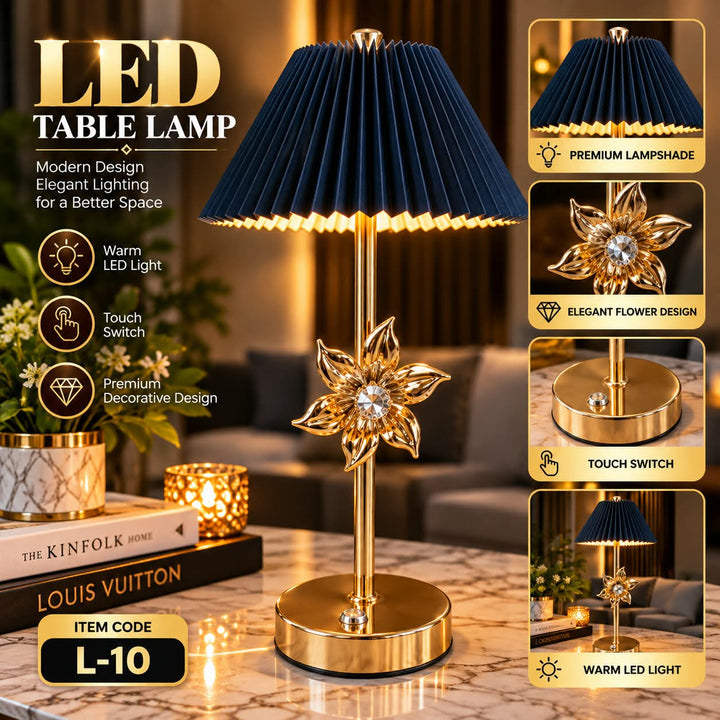 LED Table Lamp – Navy Pleated Shade with Golden Flower