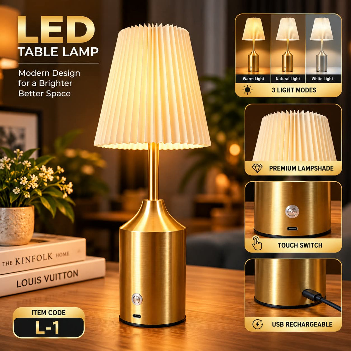 LED Table Lamp – Gold Curved Arm Cream Pleated Shade