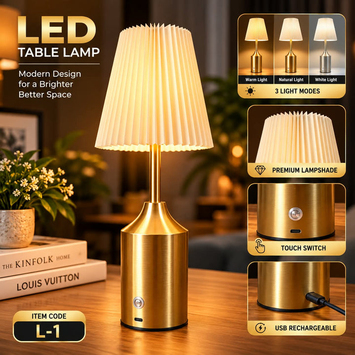 LED Table Lamp – Gold Curved Arm Cream Pleated Shade