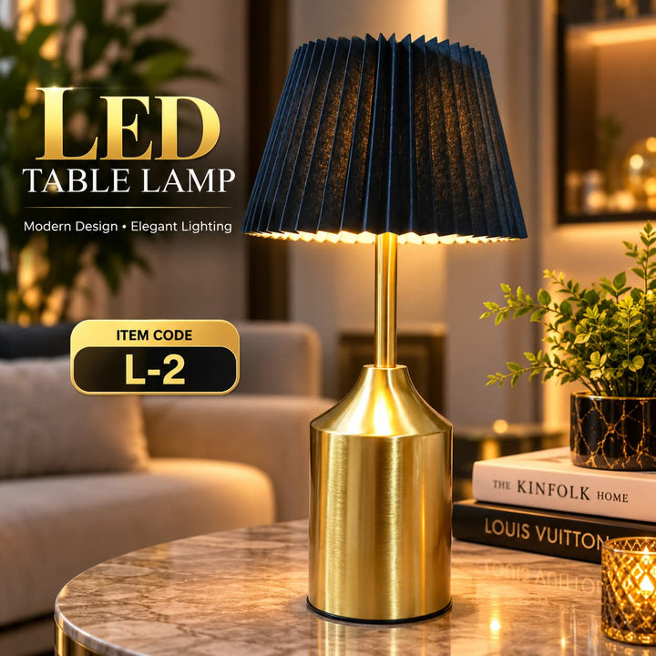 LED Table Lamp – Black Pleated Shade with Gold Base