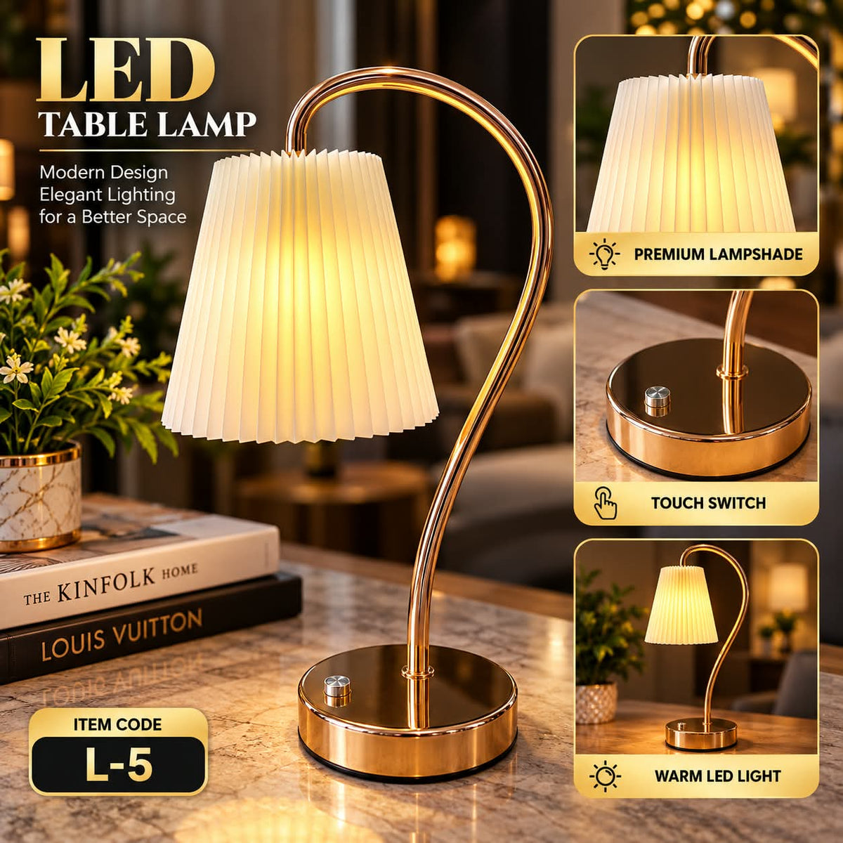 LED Table Lamp  White Curved Pleated Shade