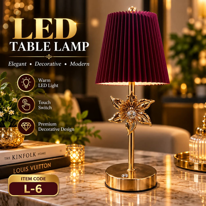 LED Table Lamp – Mehroon  Pleated Shade with Golden Flower