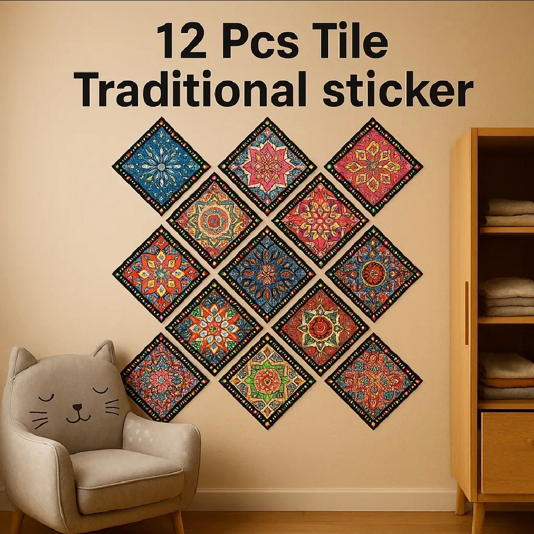Multi-color Wall Tile Sticker 12 Pcs Set I Self Adhesive I Home Decor wall items Pakistan