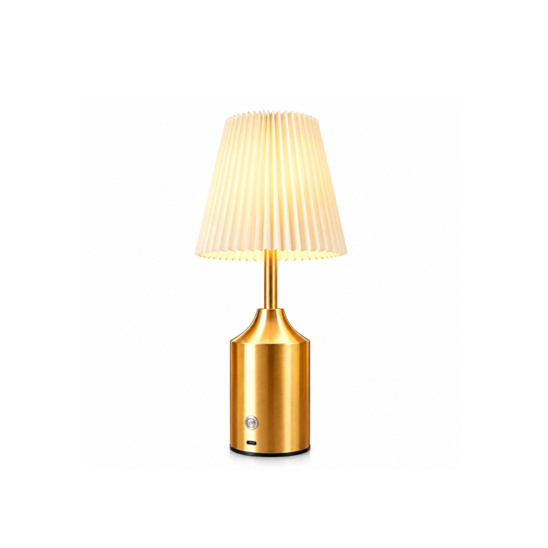 LED Table Lamp – Gold Curved Arm Cream Pleated Shade
