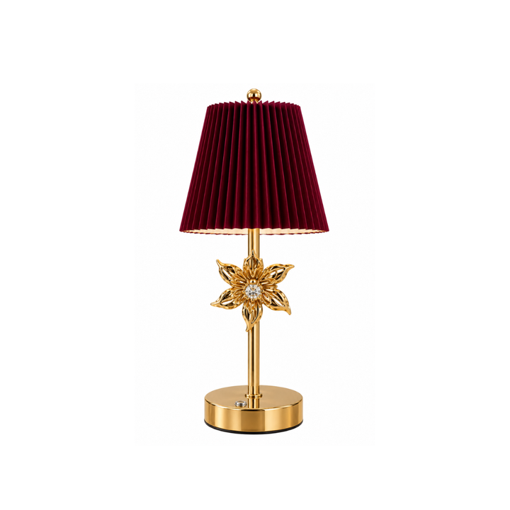 LED Table Lamp – Mehroon  Pleated Shade with Golden Flower